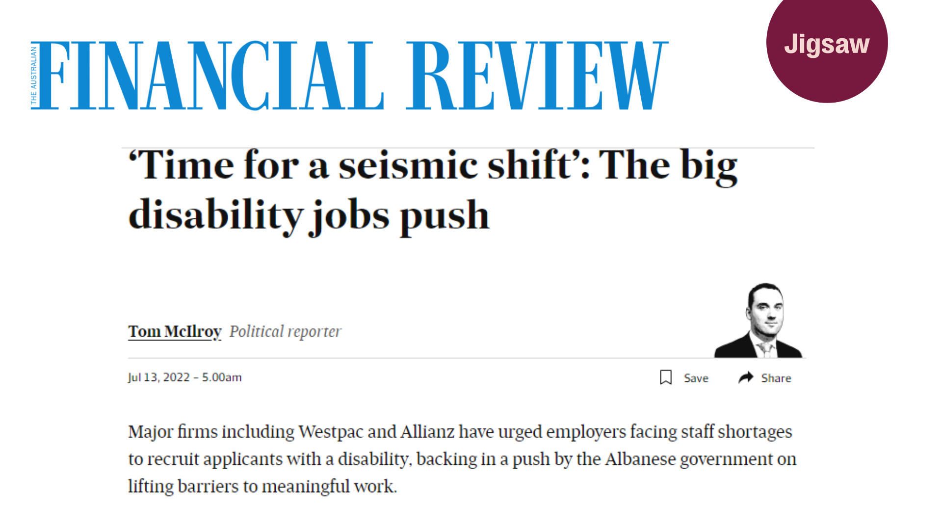 AFR: ‘Time for a seismic shift’: The big disability jobs push